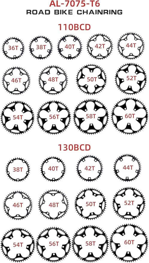 110/130 BCD Chainring 36/38/40/42/44/46/48/50/52/54/56/58/60T 5 Screws Round Narrow Wide Bicycle Chainring for 9/10/11 Speed Road Bike Folding Bicycle