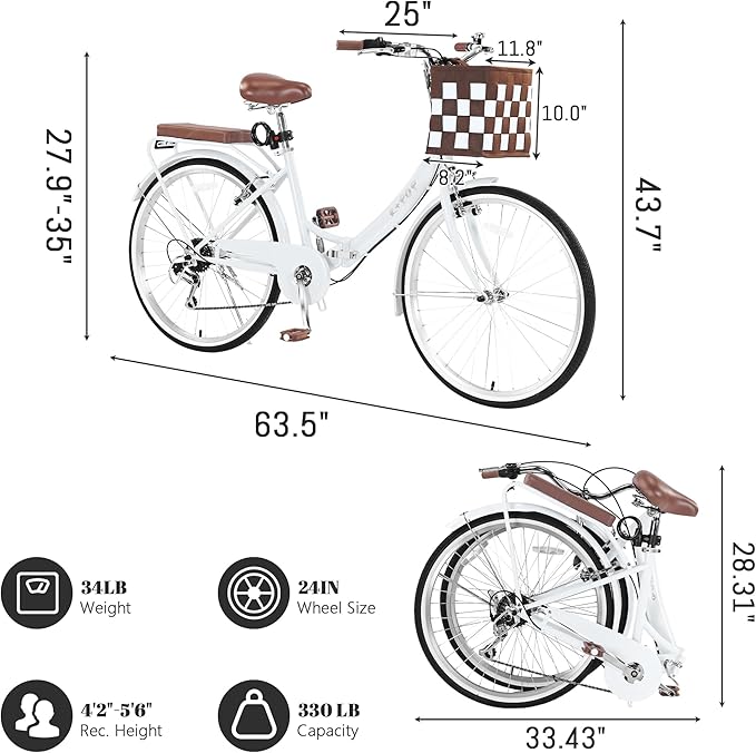 24/26 Inch Foldable Beach Cruiser Bike for Women, 7 Speed Folding Bikes for Adults, Womens City Bike with Basket & Adjustable Seat, Step Through Commute Bikes for Women Adults