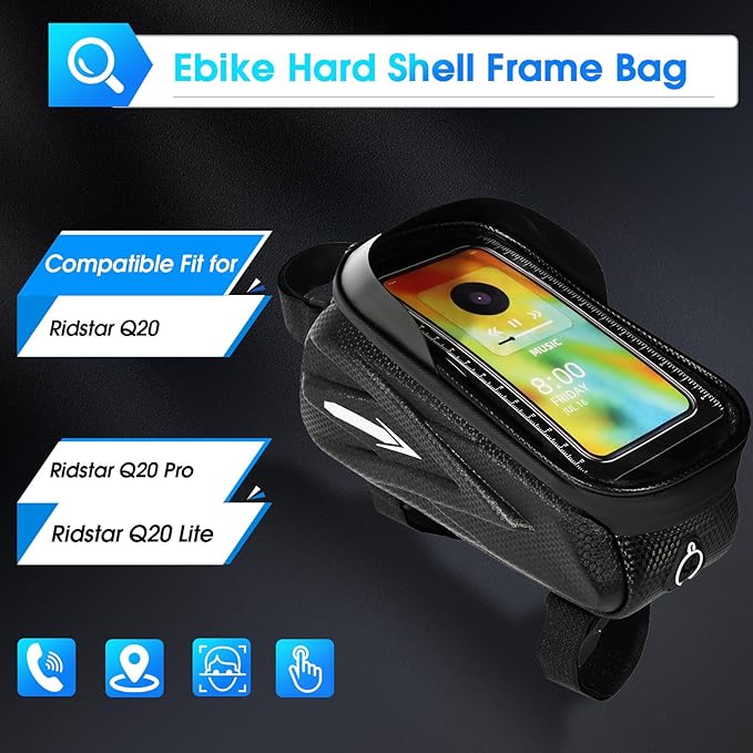 Hard Shell Frame Bag Compatible Fit for Ridstar Q20/Q20 Pro Lite EBike, Waterproof Phone Mount Pouch,Top Tube Storage Bag,Headphone Cable Hole