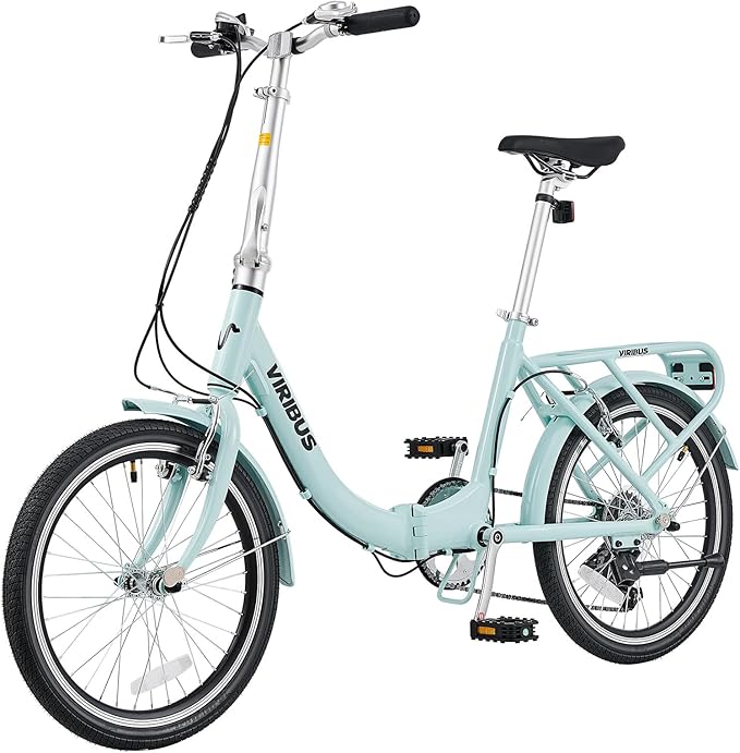 VIRIBUS Folding Bike, 20 inch Lightweight Foldable Bike for Adults 7 Speed with Aluminum Frame, Basket & Rear Rack, Step Through Collapsible Bike for Women Men Seniors City Commuter
