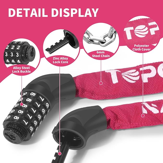 Bike Chain Lock 3.2Ft Long High Security Heavy Duty Anti Theft, 5 Digit Combination Resettable Keyless Bicycle Lock for Bike/Electric Scooter/Ebike/Motorcycle(Rose)