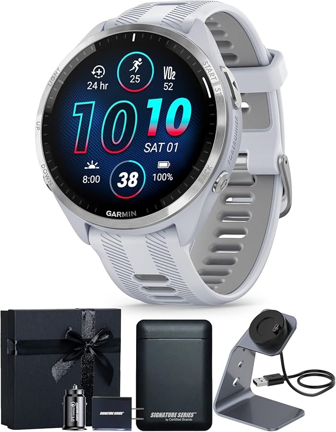 Garmin Forerunner 965 Advanced GPS Multisport Touchscreen Smartwatch, Whitestone | Heart Rate Monitor, Training Stats, On-Device Workouts, Up to 13 Day Battery Life w/Signature Series Gift Bundle
