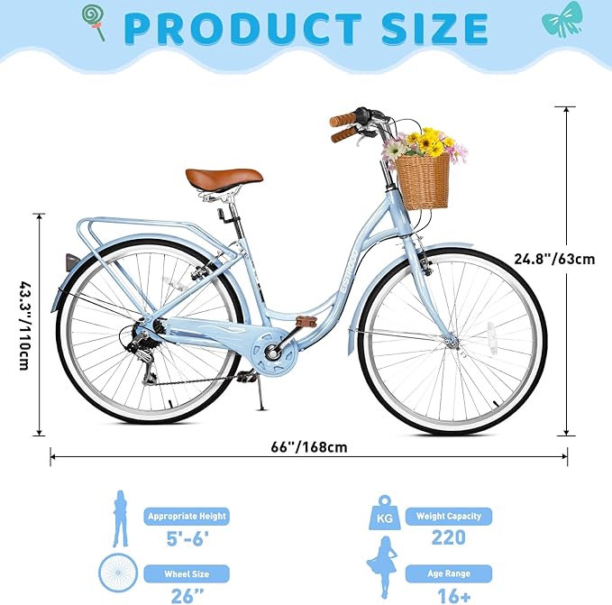 26 Inch Folding Beach Cruiser Bike for Women, 7-Speed Ladies Bike with Basket & Rack, Perfect for City Commuting's Bicycle, Ideal for Women and Adults