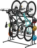 OYEAL Vertical Bike Stand, Free Standing Bike Rack Garage with 6 Hooks, Indoor/Outdoor Floor Bike Storage for 3 Adult Mountain/Road &1 Kids Bikes, Max Tire Width 2.6”, Black