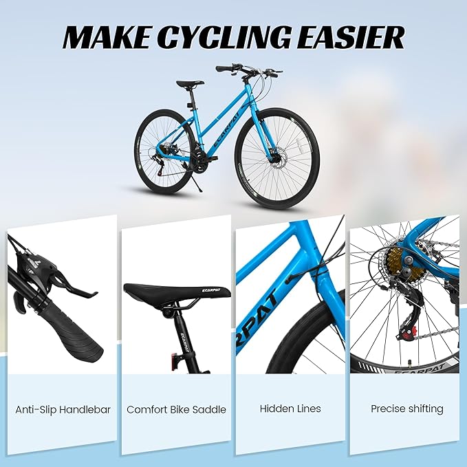 700C Road Hybrid Bike for Adult, 21-Speed Road Bike Road Bicycle Carbon Steel Frame/Dual-Disc Brakes/Multiple Colors