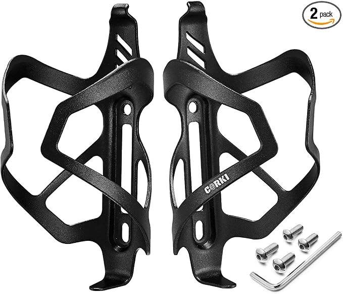 Corki Cycles Heavy Duty Bike Water Bottle Holder, Lightweight Aluminum Cage Shockproof Design for Road Mountain Gravel Bikes, Holds 18-30 oz, 2-Pack Black