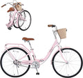24/26 Inch Folding Girls/Womens Cruiser Bike，1-Speed Foldable Hybrid City Bicycle with Dual Brakes,Basket & Rear Rack，Adjustable Seat Post&Handlebar，3 Colors
