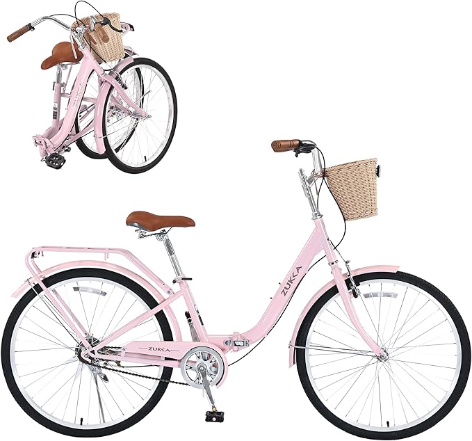24/26 Inch Folding Girls/Womens Cruiser Bike，1-Speed Foldable Hybrid City Bicycle with Dual Brakes,Basket & Rear Rack，Adjustable Seat Post&Handlebar，3 Colors