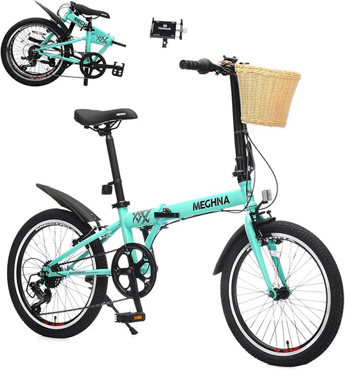 20 Inch Folding Bike with Phone Holder, Portable Folding Bikes with Basket & Fender, Steel Frame 6-Speed, V Brake, Lightweight Foldable Bicycle for Women Men City Commuter