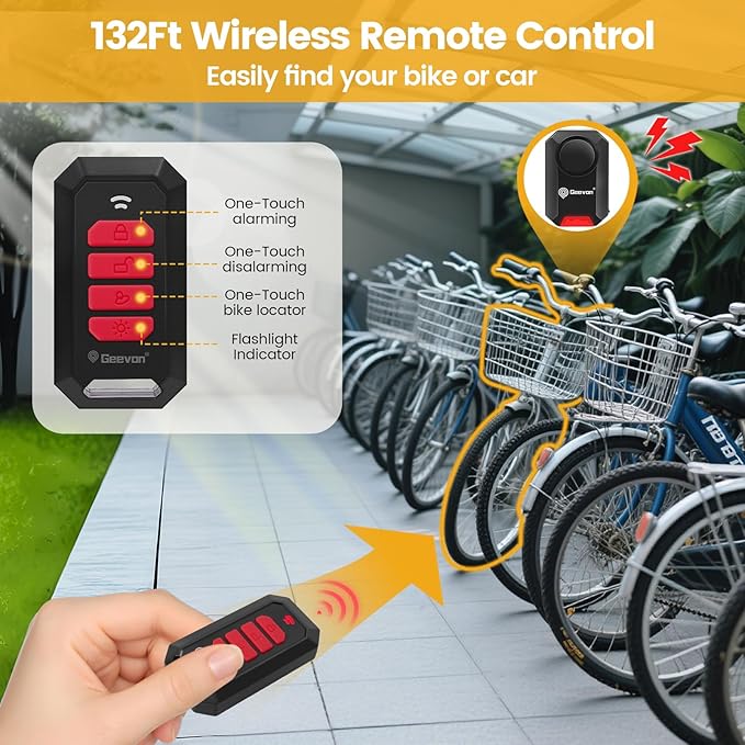 Geevon Bike Alarms for Ebikes, Wireless Bike Alarm with Remote, 135dB Anti-Theft Bicycle Motorcycle Alarm Wireless Security Sensor Alarms, IPX5 Waterproof