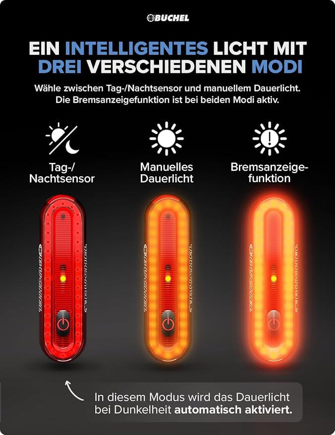 Büchel COB Bike Tail Light - Brake Sensing Technology - Ultra Bright Bike Rear Light LED -and Tool-Free Mounting I Rechargeable and Long-Lasting Rear Bike Light - Bicycle Lights for Night Riding