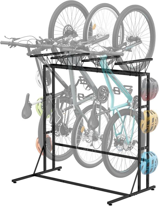OYEAL Vertical Bike Stand, Free Standing Bike Rack Garage with 6 Hooks, Indoor/Outdoor Floor Bike Storage for 3 Adult Mountain/Road &1 Kids Bikes, Max Tire Width 2.6”, Black
