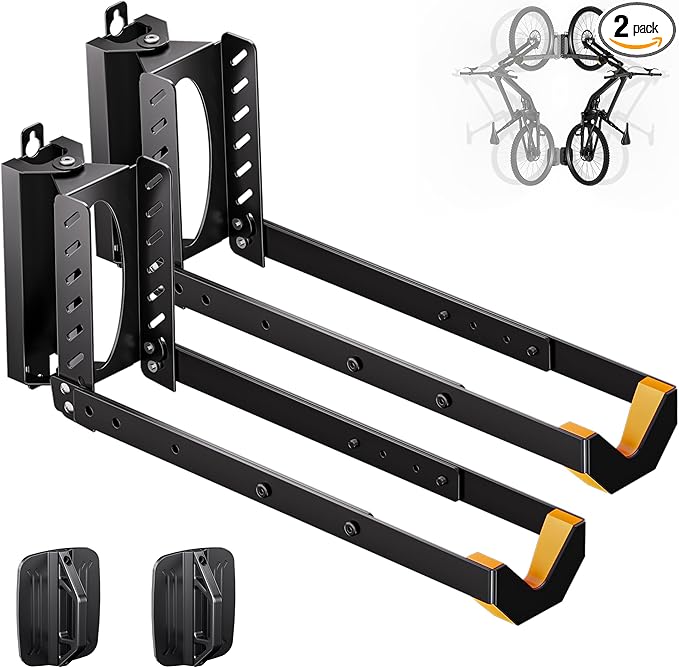 2 Pack Bike Wall Mount, Swivel Vertical No-Lift Bicycle Rack for Garage & Apartment Storage, 4 Sizes Adjustable Bike Wall Hanger Holds 77lbs, eBike MTB Road Bike Space-Saving Organizer
