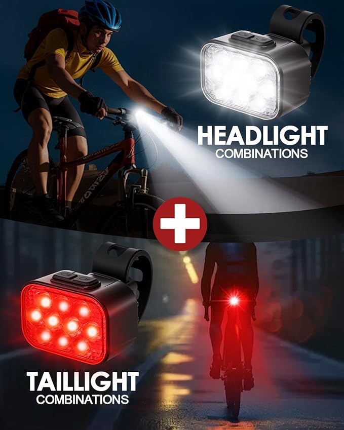 Victoper 10 LED Bike Light, 8+9 Modes USB Rechargeable Bicycle Lite, High Lumens Super Bright Bike Headlight & Taillight Set, Waterproof Safety Bike Front & Rearlight for Road, Night Riding