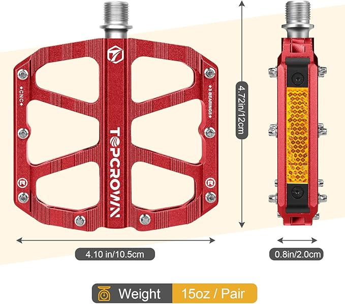 Mountain Bike Pedals with Reflectors, Aluminum Metal Bicycle Flat Pedals 9/16" - 3 Sealed Bearings, Non-Slip Wide Platform with Removable Pins for MTB, Road Bike, BMX, Ebike