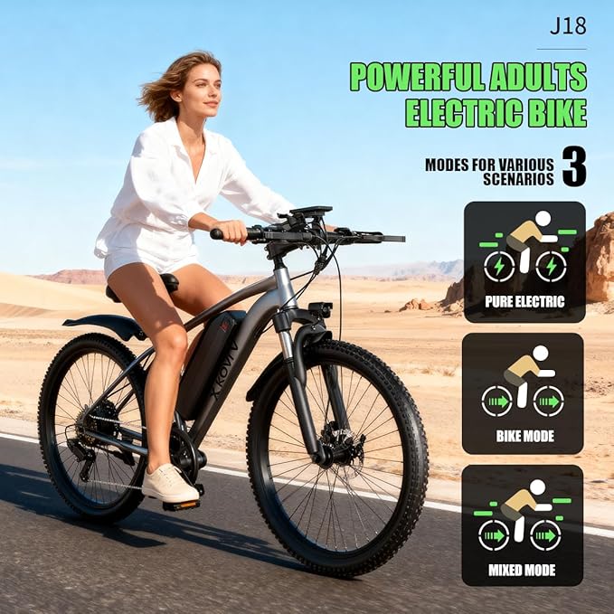 26'' Electric Bike for Adults 1200W Peak Motor 55 Miles Long Range 25MPH Commuter E-Bike with 7 Speed Gears IPX7 Waterproof Pedal Assist Electric Mountain Bicycle for Men (13Ah Battery-Gray)