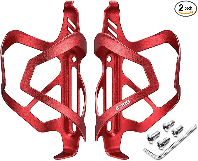 Corki Cycles Heavy Duty Bike Water Bottle Holder, Lightweight Aluminum Cage Shockproof Design for Road Mountain Gravel Bikes, Holds 18-30 oz, 2-Pack Red