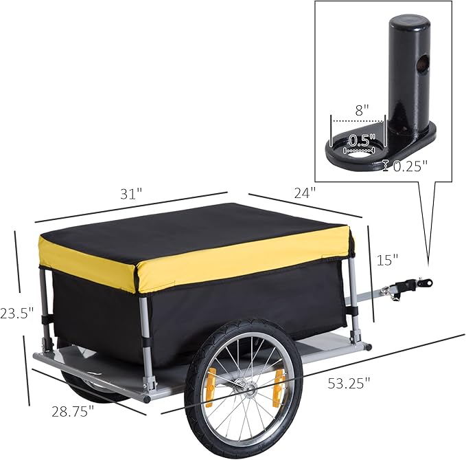 Lightweight Bicycle Trailer, Foldable Bike Cargo Trailer with Universal Hitch, Portable Bicycle Trailers Folding with Removable Cover / 2 Wheels, for Camping, Groceries, Black and Yellow