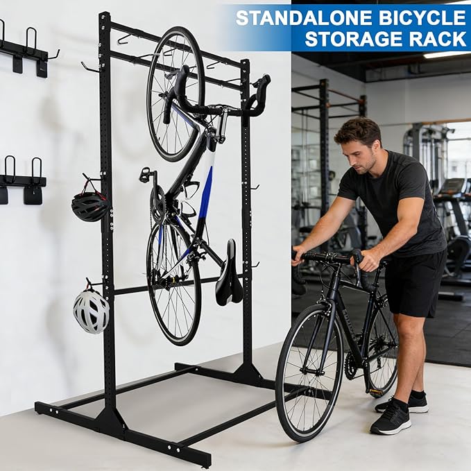Freestanding Bike Stand with Adjustable Hooks Vertical Bike Storage Rack Holds Up To 6 Bikes & 6 Helmets Heavy Duty Bikes Floor Stand for Garage Basement Bicycles Repair Shop