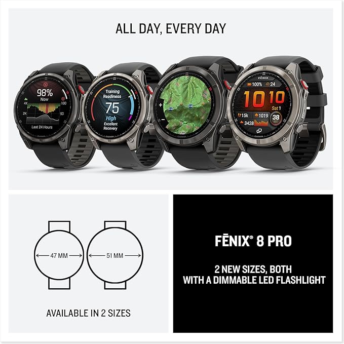 Garmin Fenix 8 Pro, 47mm, AMOLED Display, Premium Multisport GPS Smartwatch, inReach Technology for Emergency Survival, Health Tracking | Carbon Gray/Black, Signature Series Power Bundle