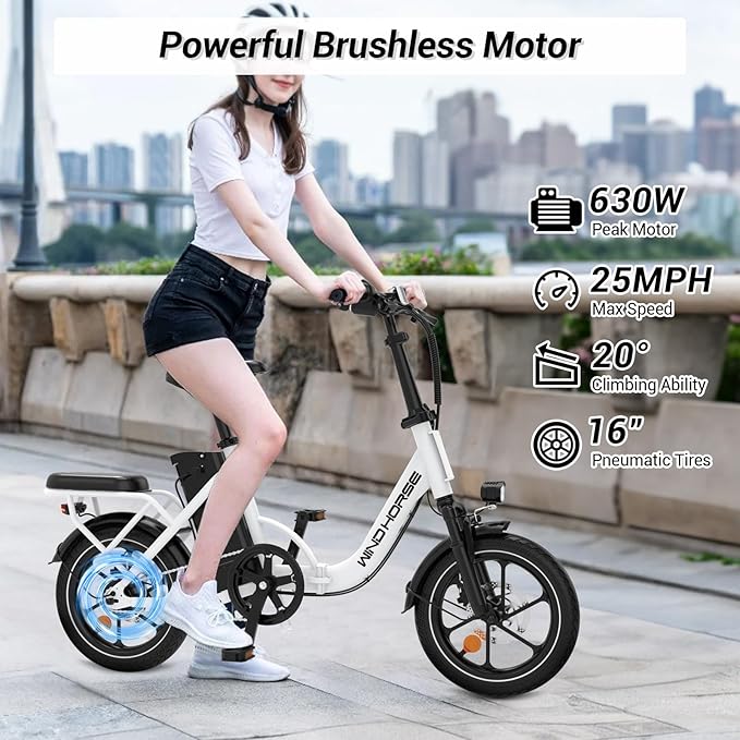 RIDWIND 16" Folding Electric Bike Adults, Peak 630W Adult Electric Bicycles, Up to 25 MPH and 35 Miles Foldable Ebikes, Electric Bike for Teens with 36V 8Ah Removable Battery, UL2849 Certificate