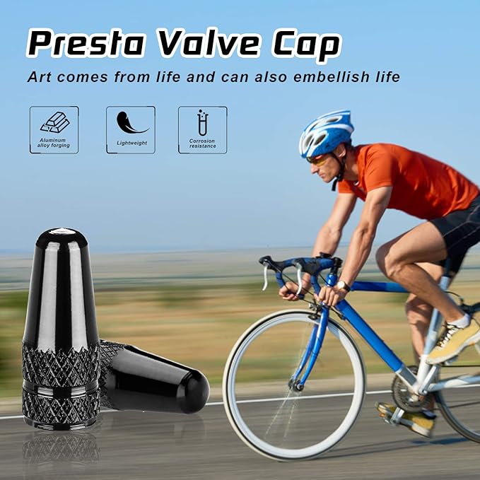 Aluminum Presta Valve Stem Caps – Black Tire Air Dust Covers for Bike (4 Pack) – Fit French Valves on Road, MTB, Hybrid, Racing, Fitness, Folding & Fat Bikes