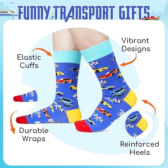 Zmart Funny Transportation Gifts - Race Car Train Motorcycle Tractor Bike Socks for Adult