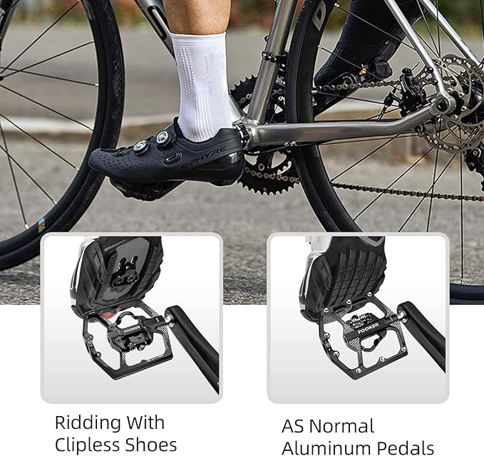 FOOKER MTB Mountain Bike Pedals, Dual Function Flat and Pedal,3 Sealed Bearing Flat Platform Compatible with Clipless Pedal Aluminum 9/16" Pedals with Cleats for Road Mountain BMX MTB