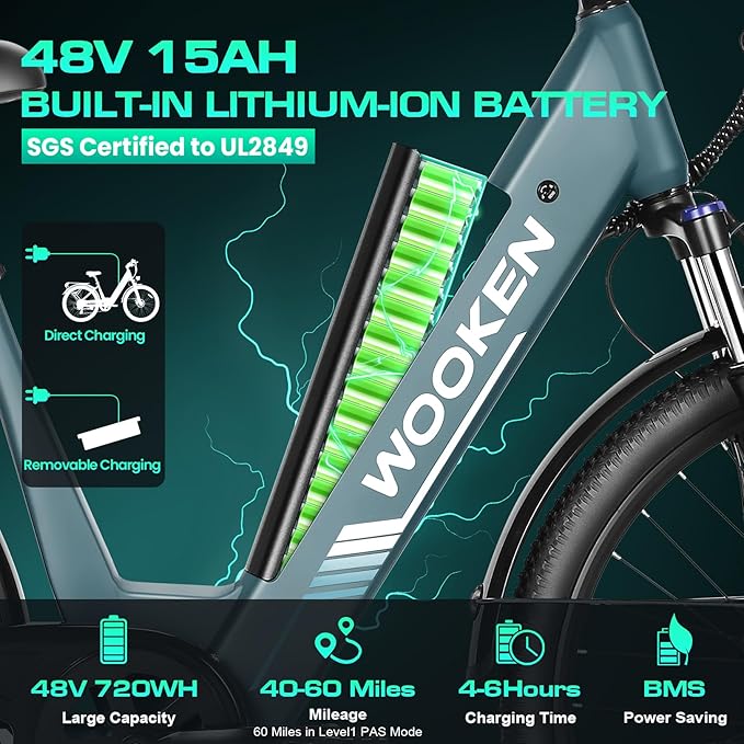 Wooken Electric Bike for Adults, 1000W Peak Ebike, 26" x 2.1" Tire Step Through Electric Bike, City Cruiser Ebike with 48V 10.4/15Ah Removable Battery, 7 Speed, SGS Certified to UL2849