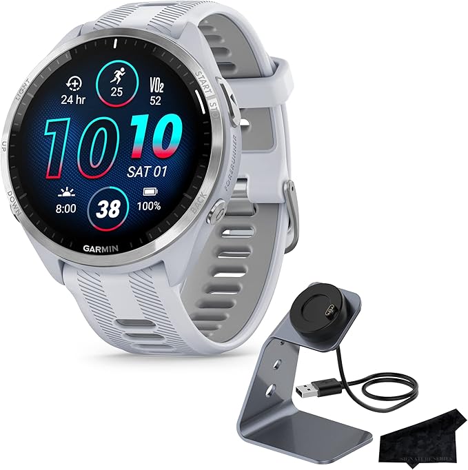 Garmin Forerunner 965 Advanced GPS Multisport Touchscreen Smartwatch, Whitestone | Heart Rate Monitor, Training Stats, On-Device Workouts, Up to 13 Day Battery Life w/Signature Series Charging Bundle