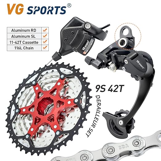VG Sports 9 Speed MTB Groupset Bike Chain 11-42T Cassette 1x9 Speed Rear Derailleur& Shifter (9S 11-42T Set)