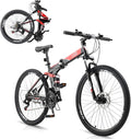 24/26/27.5 Inch Foldable Bikes for Adults 21 Speed Mountain Bike, Adult Bicycle with High Carbon Steel Frame, Full Suspension, Dual Disc Brake & Adjustable Ergonomic Seat(Black/Red)