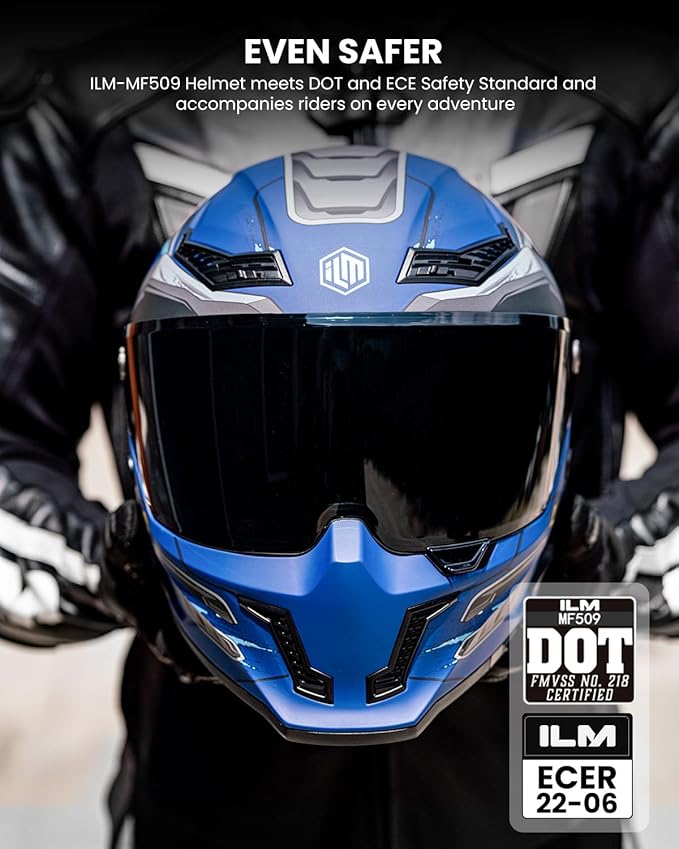ILM Motorcycle Helmets for Adult Men Women Full Face DOT ECE Powersports Dual Visor Street Racing Helmet with Pinlock Cascos para Motos Model MF509 (Cyborg Blue, M)