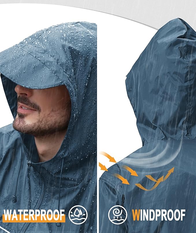 GEEK LIGHTING Rain Jacket Men Lightweight Waterproof Jackets Packable Windbreaker Hooded Raincoat for Golf Cycling Outdoor
