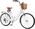 26 Inch Women Beach Cruiser Bike, 7 Speed Hybrid Cruiser Bike with Adjustable Seat, Beach Cruiser Commute Bike with Lightweight, Anti-Skid Tires & V-Brakes for Women (White)