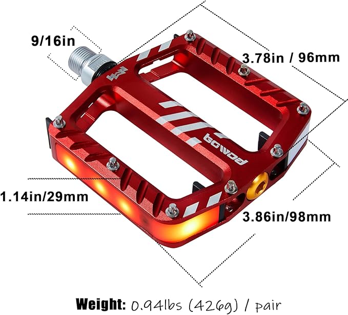 Bicycle Pedals with LED lights 5 Modes, Tap On-Off, USB Rechargeable, Waterproof, Flat CNC Aluminum Road Bike Pedals w 9/16" Cr-Mo Steel Axel w Pin, for Ebike, Commuter, Hybrid, City, Beach Bike
