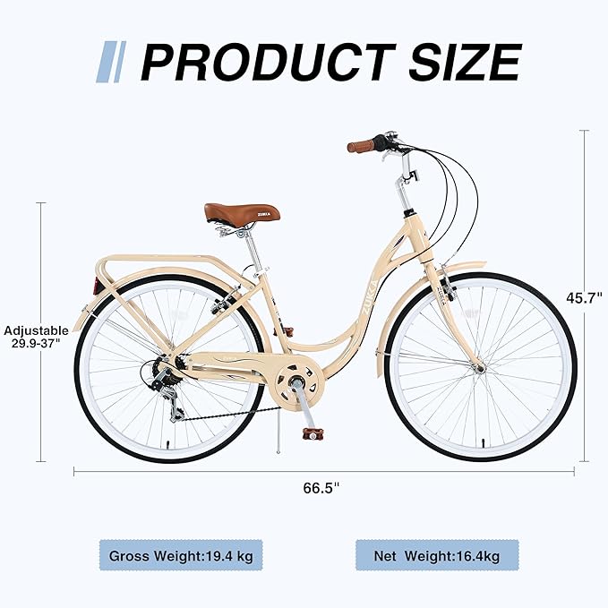 Commuter Bicycle, 26 Inch Ladies Bicycle for Adult, 7-Speed/High-Carbon Steel/Front & Rear Fenders, Ergonomic Upright Design Multiple Colors
