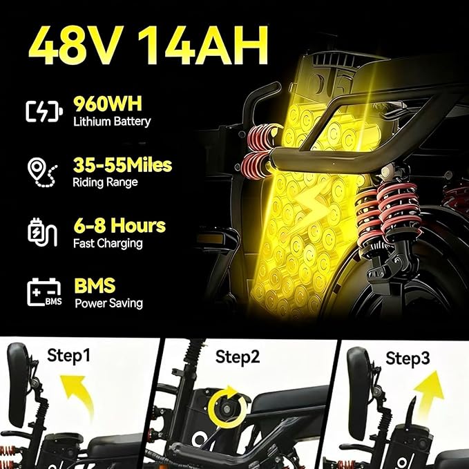 Folding Electric Bike, Peak 800W Motor 25MPH,48V 14Ah Removable Battery 55Miles Ebike,14'' Lightweight Adults Electric Bicycles for Men/Women/Teens,Mini E-Bike,Full Suspension