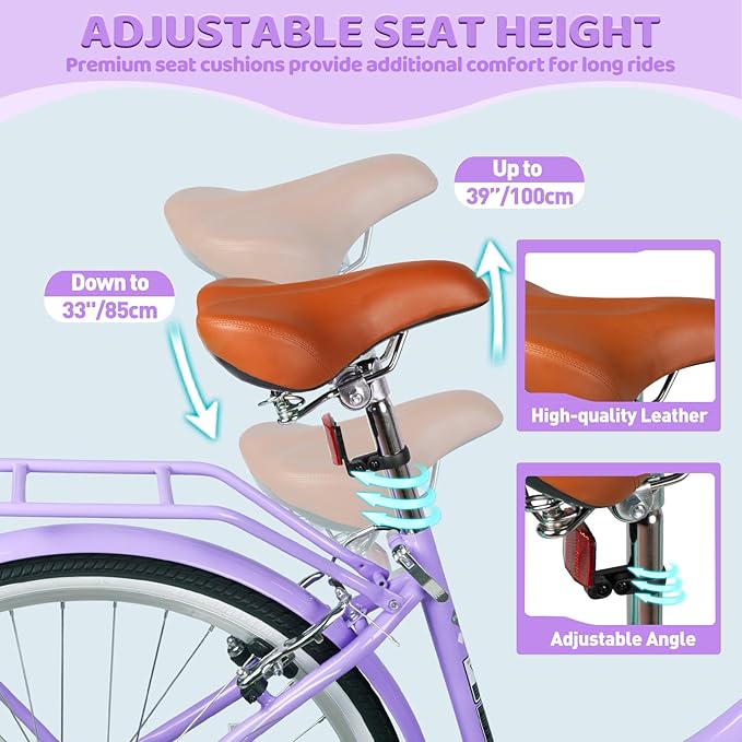26 Inch Folding Beach Cruiser Bike for Women, 7-Speed Ladies Bike with Basket & Rack, Perfect for City Commuting's Bicycle, Ideal for Women and Adults