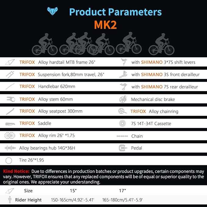 TRIFOX 26 Inch Aluminum Mountain Bike with Shimano 21-Speed,Aircraft-Grade Aluminum Frame,Dual Disc Brakes,15/17 Inch Internal Cable Routing Frame for Men Women Boys Girls