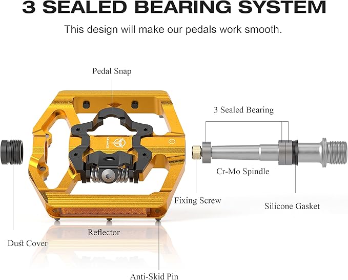Mountain Bike Pedals with Reflector- Dual Function Plat & Clipless Pedals, Bicycle Pedal 9/16”Compatible with SPD - 3 Sealed Bearings Bicycle Platform Mountain Pedals