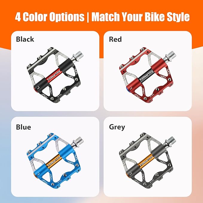 Mountain Bike Pedals, MTB Pedal with 3 Sealed Bearings, 9/16", CNC Aluminum Flat Bicycle Accessories with Anti-Slip Pins for Mountain Road Bike (Red/Black/Blue/Grey)
