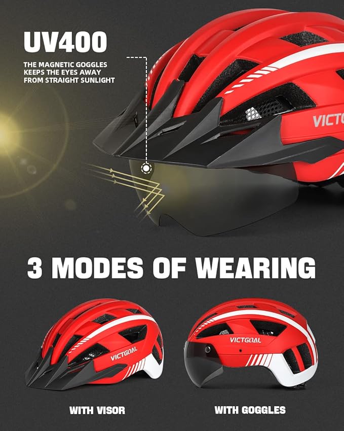 VICTGOAL Bike Helmet with USB Rechargeable Rear Light Detachable Magnetic Goggles Removable Sun Visor Mountain & Road Bicycle Helmets for Men Women Adult Cycling Helmets