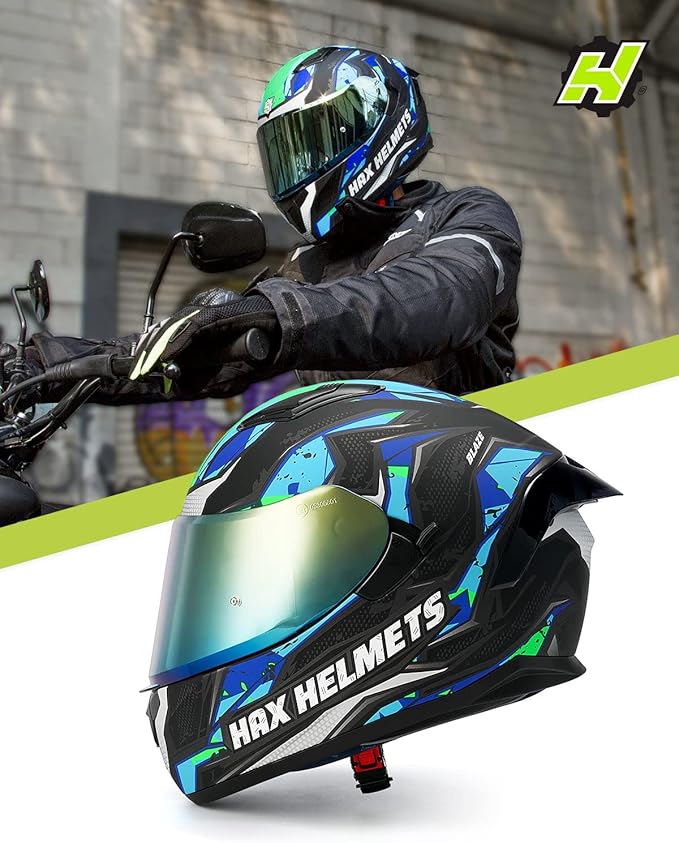 HAX Obsidian Full Face Dual Visor Adult Motorcycle Helmet for Motorbike Street Bike with Pinlock Ready DOT Approved (Blaze Blue,XXL)