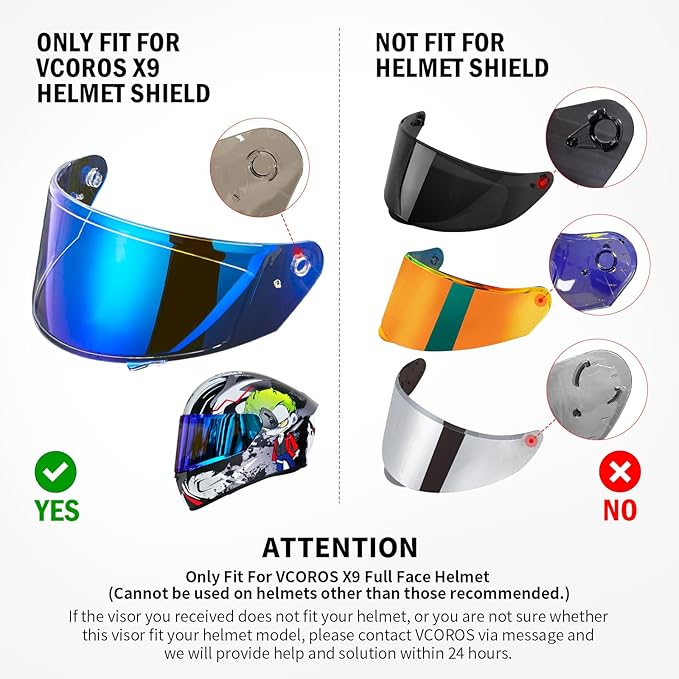 VCOROS X9 Full Face Motorcycle Helmet Replacement Shield 5Color Lens Available (Chrome Blue)
