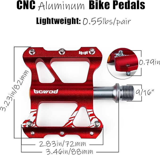 Youth MTB Mountain Bike Colored Pedals, Small Road Bike Pedals Womens MTB Flat Pedal, Kids BMX Pedals for Children's bicyle and Kid's Bike 9/16, CNC Aluminum Pedal w Cr-Mo Axel, 2Bearings,10Pins