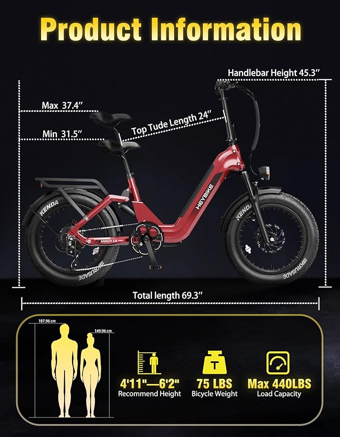 Heybike Ranger Foldable Electric Bike for Adults, 1200W/1800W Peak Motor, 28/32MPH E Bike, 55/90 Miles Range, 20"x4.0" Fat Tire Ebike with Removable Battery, Hydraulic Brakes for Snow, Beach,Commuting
