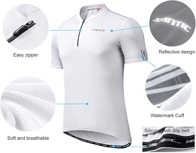 Santic Men's Cycling Jersey Short Sleeve Tops Pro Road Bike Shirt Full Zipper UPF 50+ MTB Jersey with Pockets