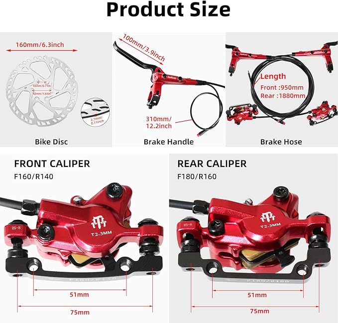 ZTZ eBike Hydraulic Brake Set with 160mm Rotors,2-Piston 2-PIN Power-Off Hydraulic Disc Brake for E-Bike,Left Front 950mm Right Rear 1880mm Electric Bike Hydraulic Brakes