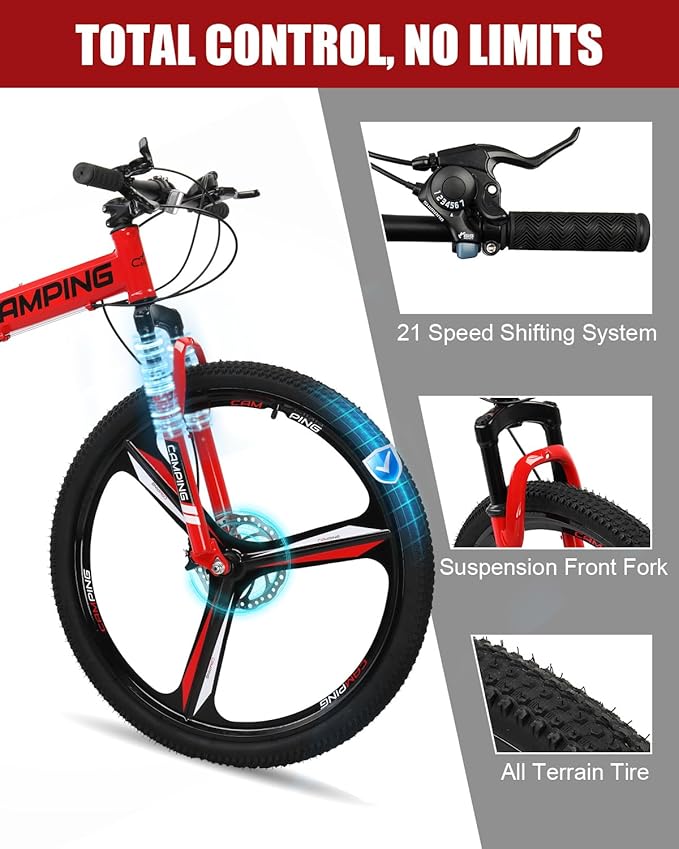 Ktaxon Foldable Mountain Bike 26 Inch Bike 21-Speed Bikes for Adults with Cool Design, Powerful Mechanical Dual Disc Brakes, Double Shock Effect and Ergonomic Cushion